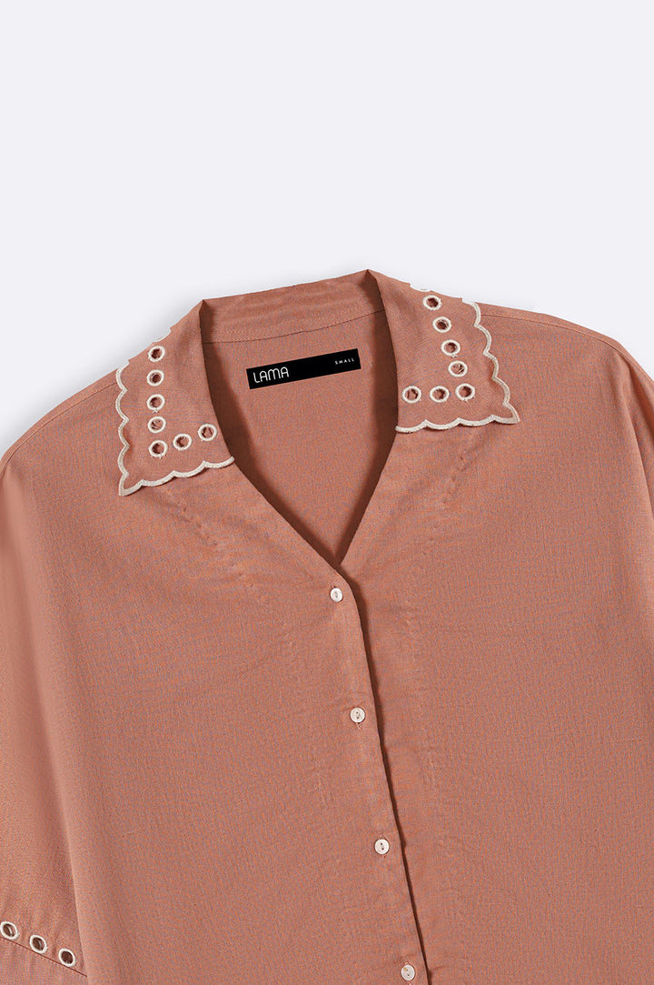 ITALIAN CLAY EMBROIDERED OPEN WORK BUTTON DOWN SHIRT