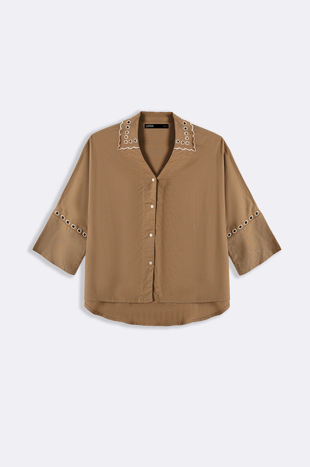 TAUPE EMBROIDERED OPEN WORK BUTTON DOWN SHIRT