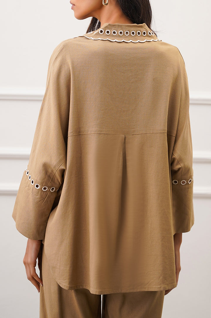 TAUPE EMBROIDERED OPEN WORK BUTTON DOWN SHIRT