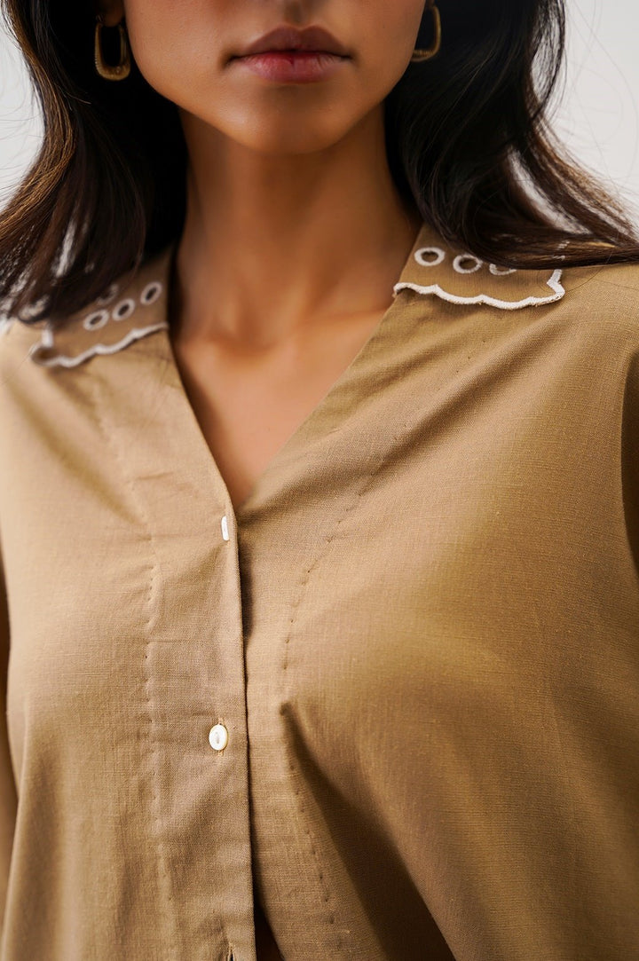 TAUPE EMBROIDERED OPEN WORK BUTTON DOWN SHIRT