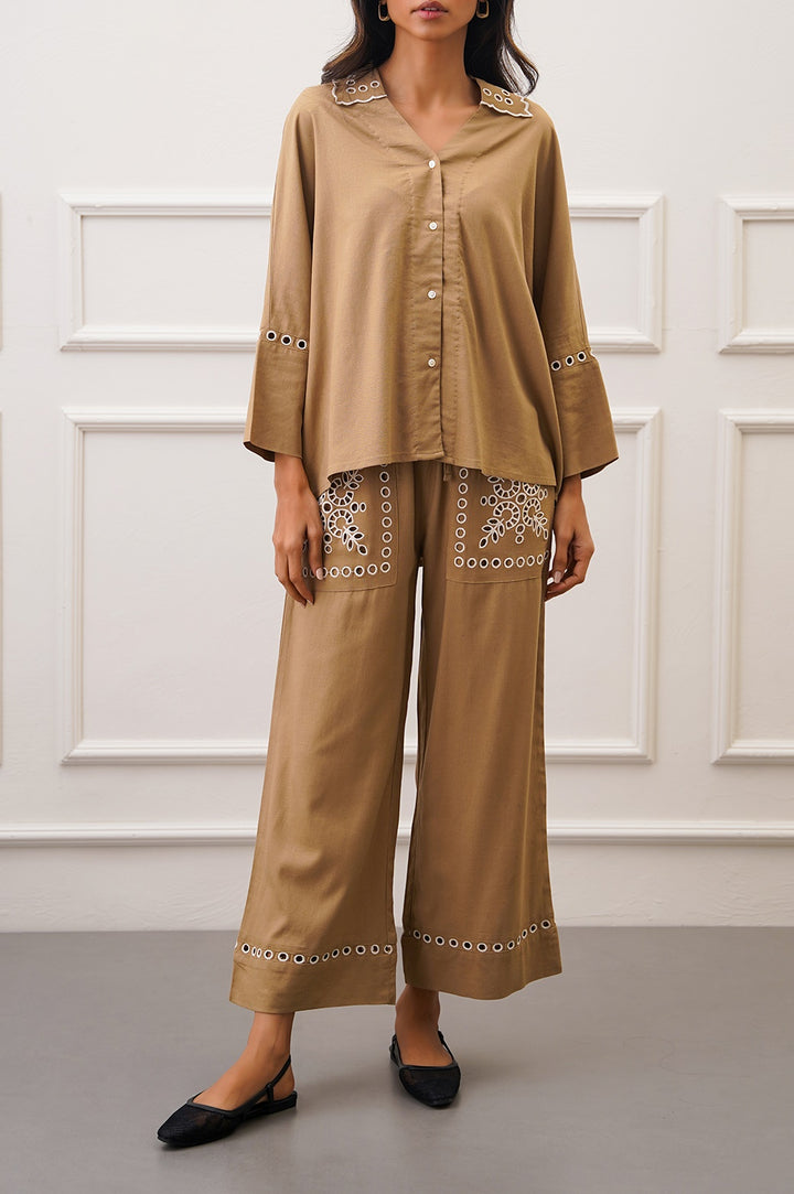 TAUPE EMBROIDERED OPEN WORK BUTTON DOWN SHIRT