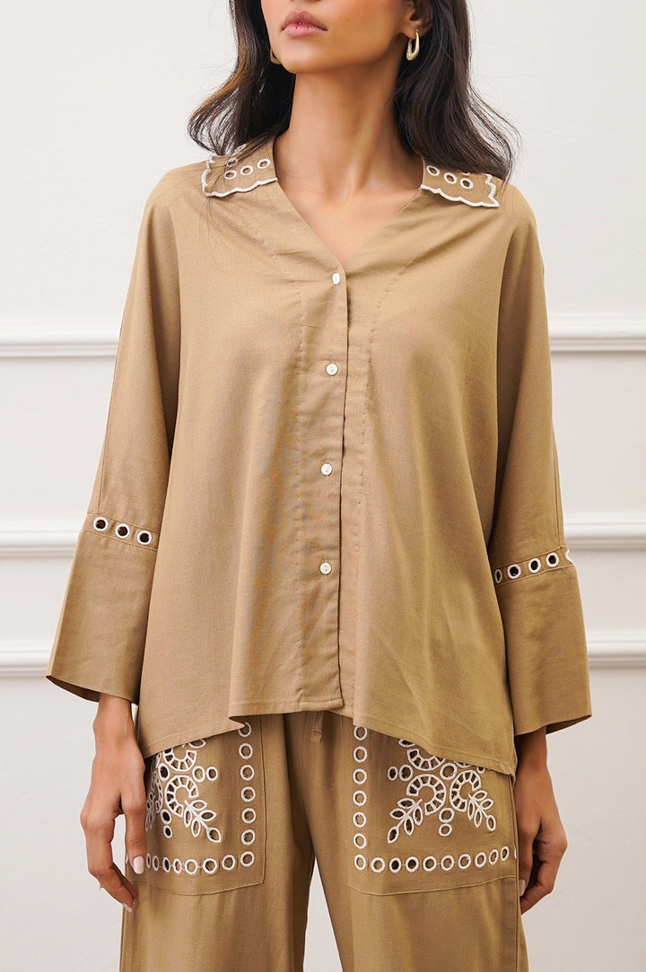 TAUPE EMBROIDERED OPEN WORK BUTTON DOWN SHIRT