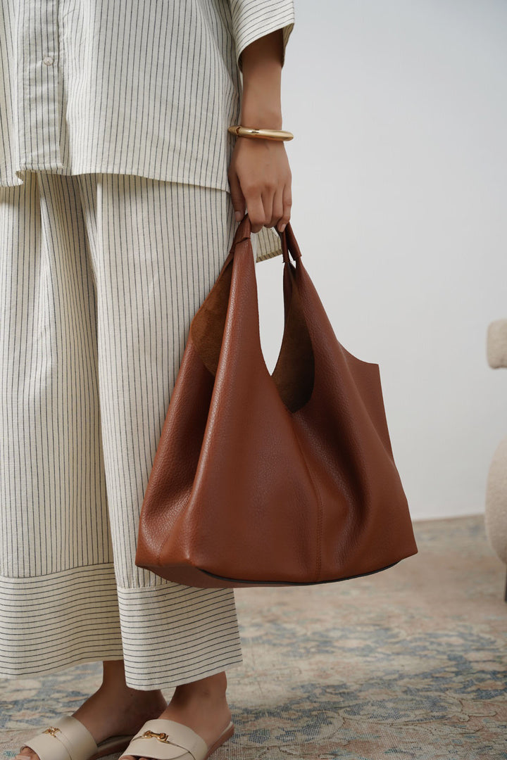 TAN SLOUCHY FRAYED TOTE