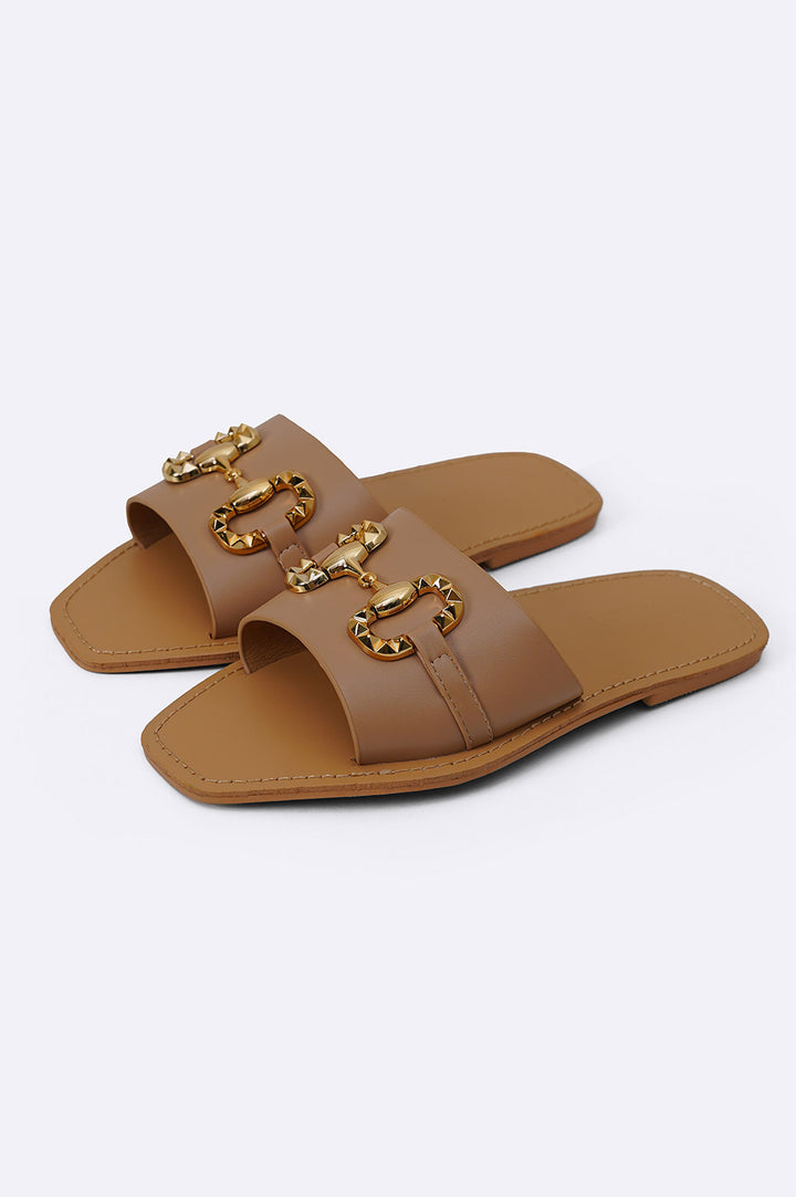 KHAKI ROCKSTUD BUCKLE SLIDES