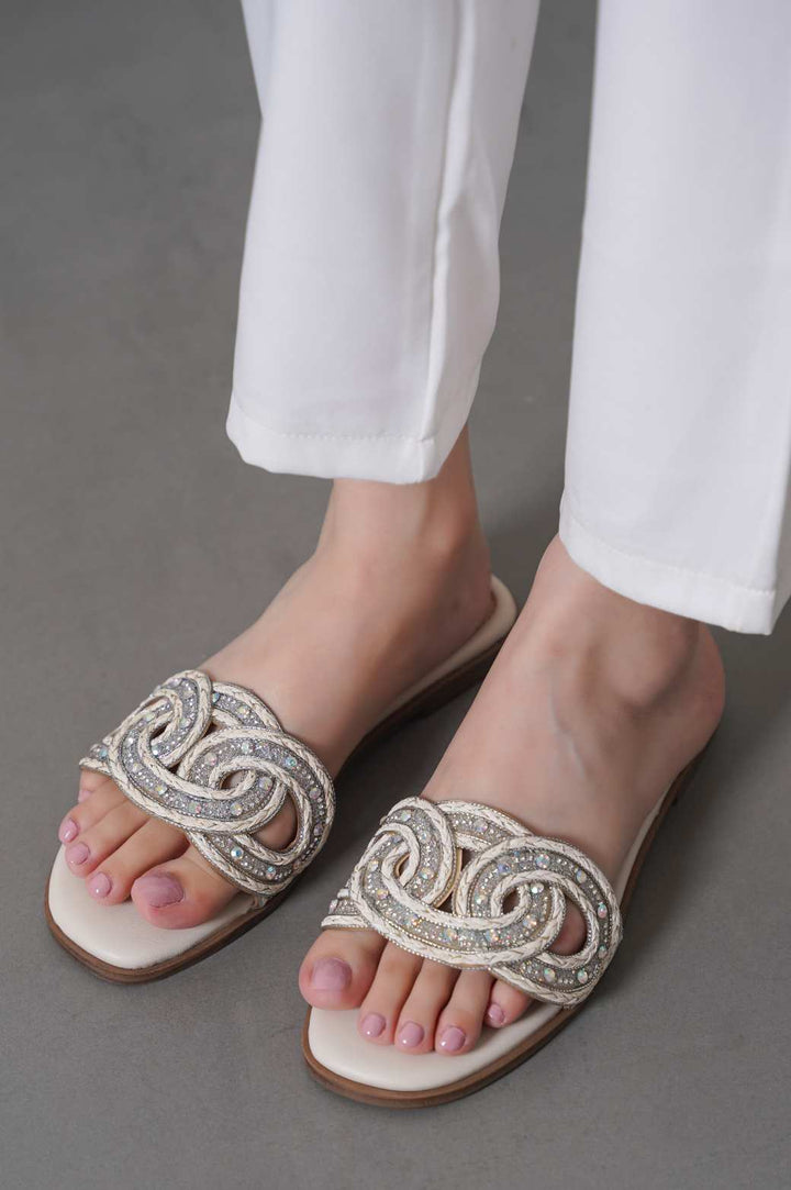 WHITE ELSIE STUDDED SLIDES