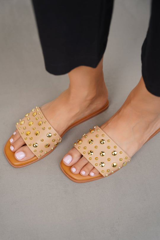 BEIGE STUDDED SLIDES