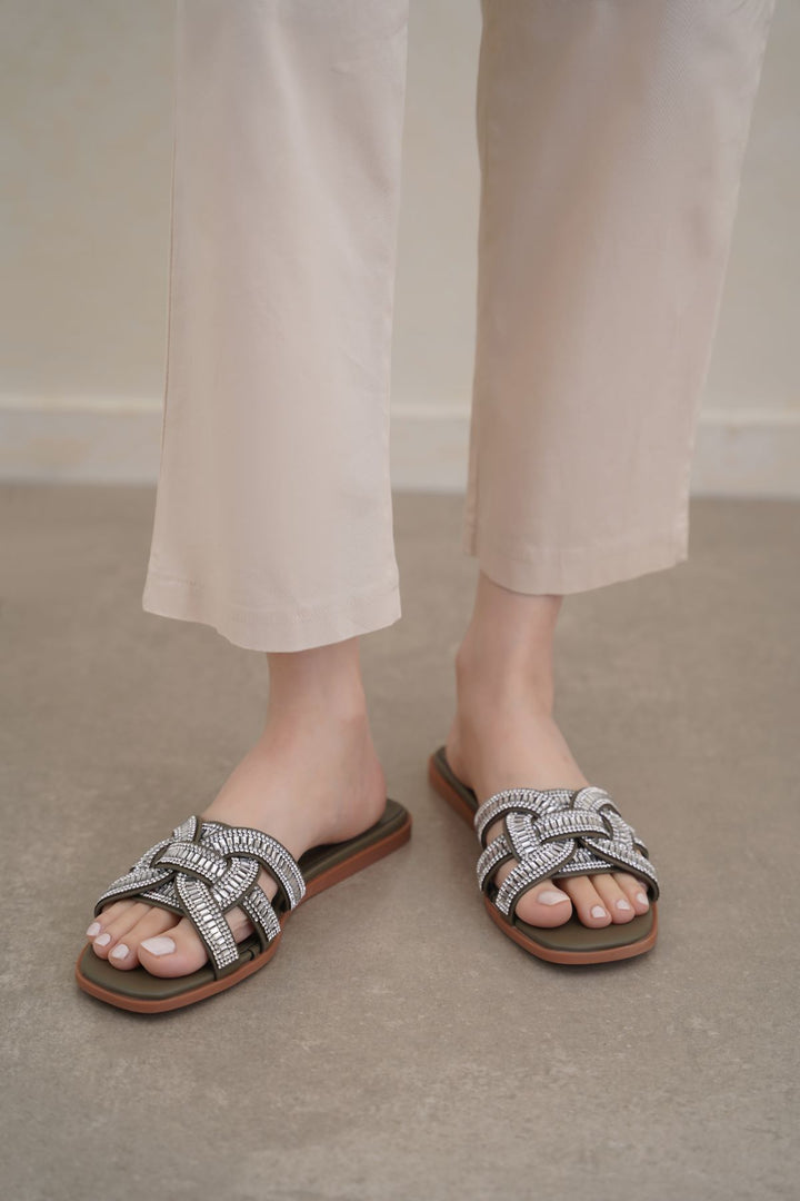 OLIVE CRYSTAL STUDDED SLIDES
