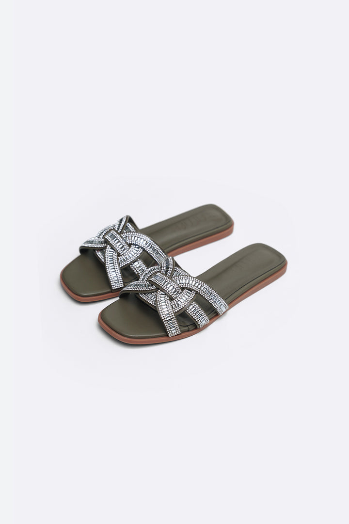 OLIVE CRYSTAL STUDDED SLIDES