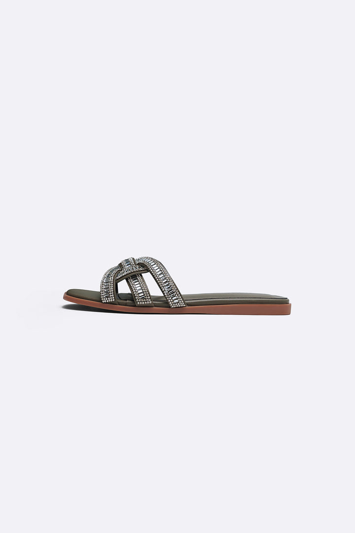OLIVE CRYSTAL STUDDED SLIDES