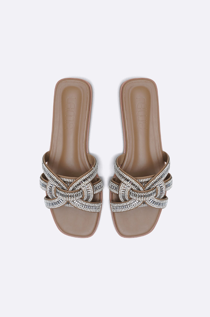 TAUPE CRYSTAL STUDDED SLIDES