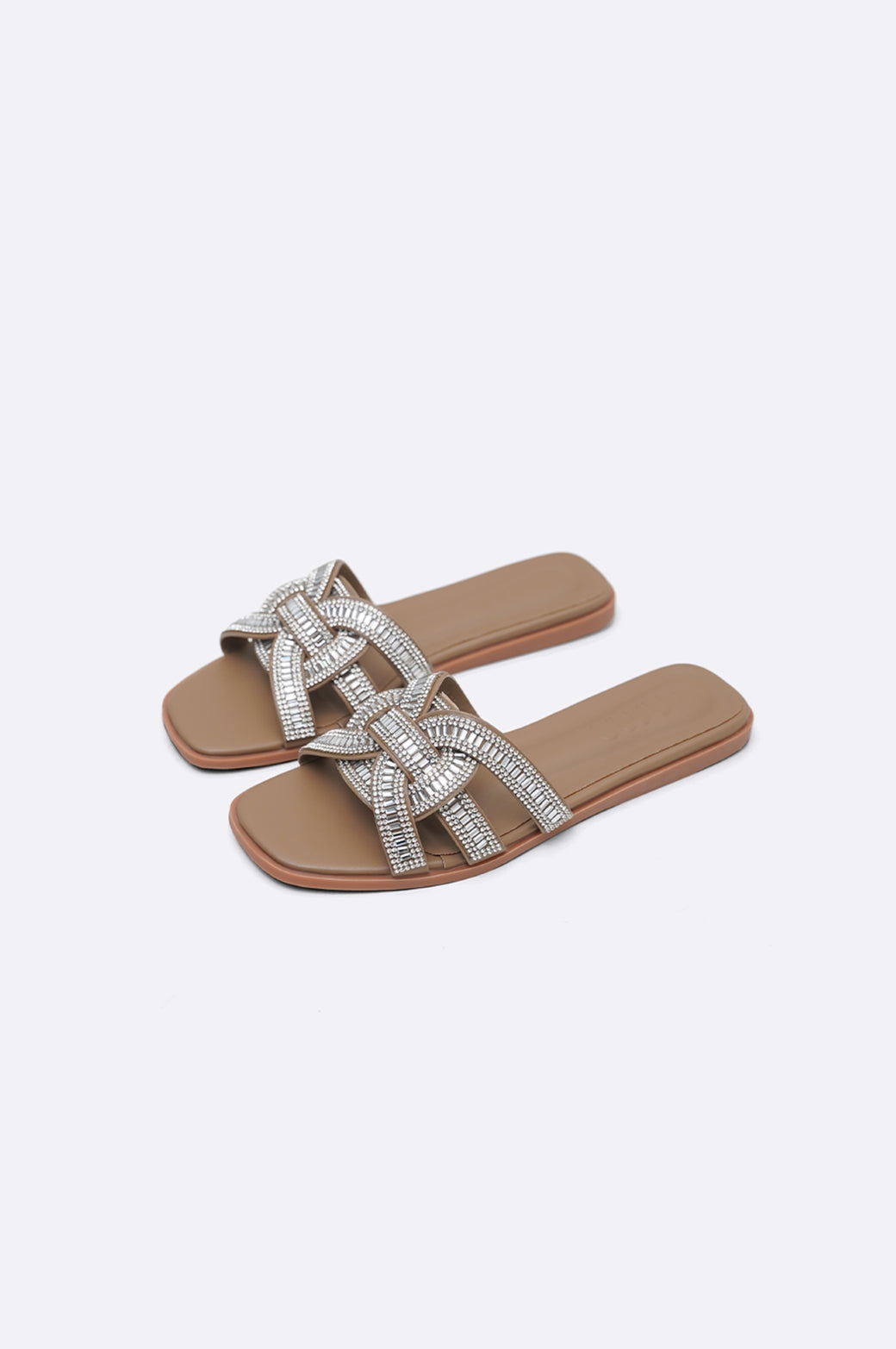 TAUPE CRYSTAL STUDDED SLIDES