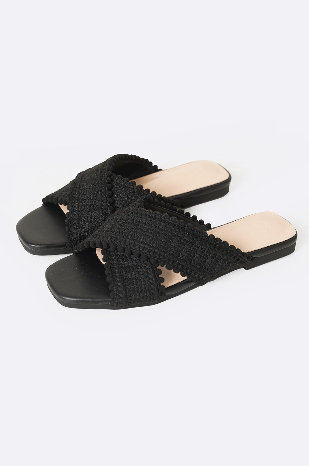 BLACK WOVEN LACE SLIDES