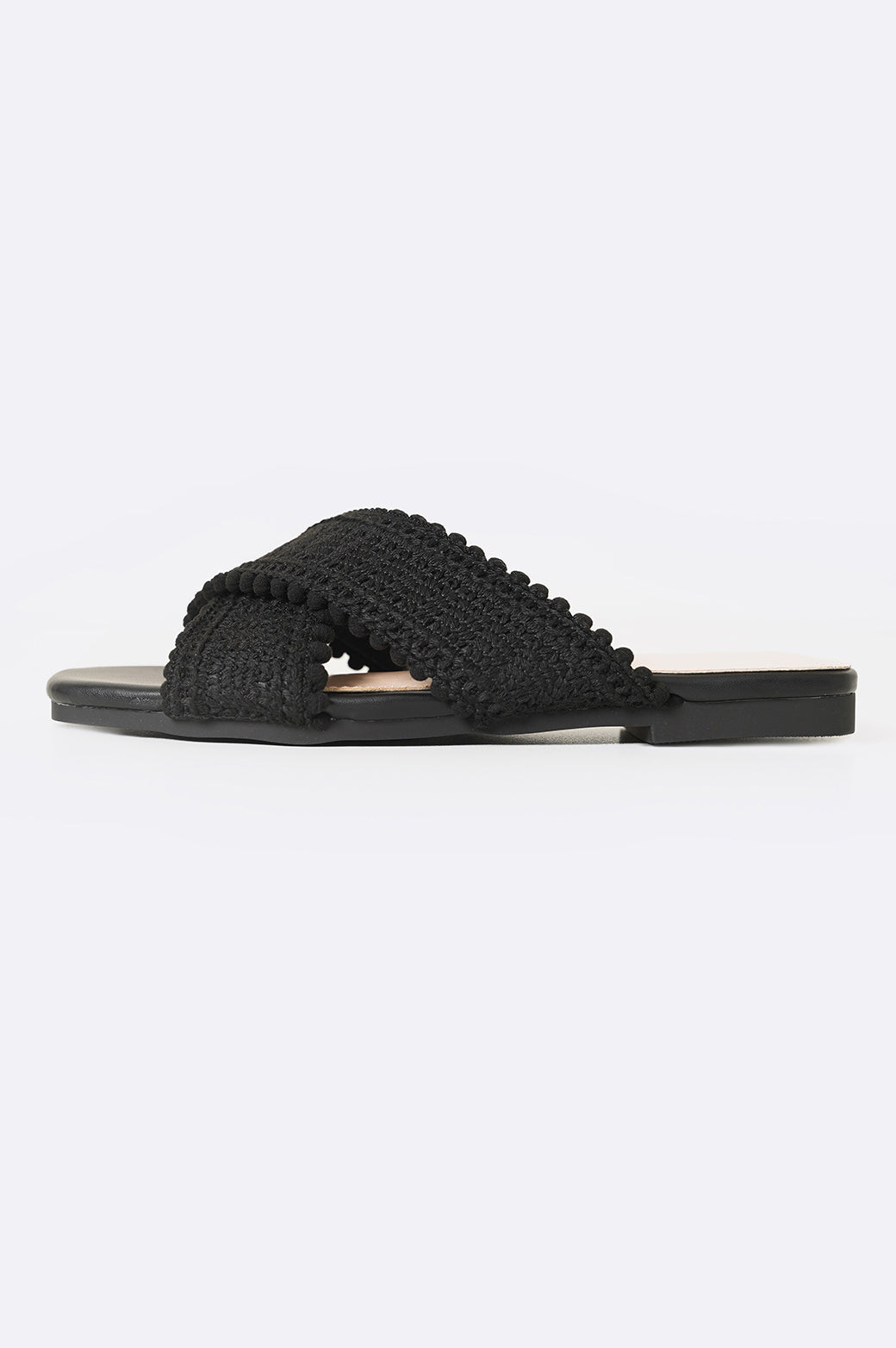 BLACK WOVEN LACE SLIDES