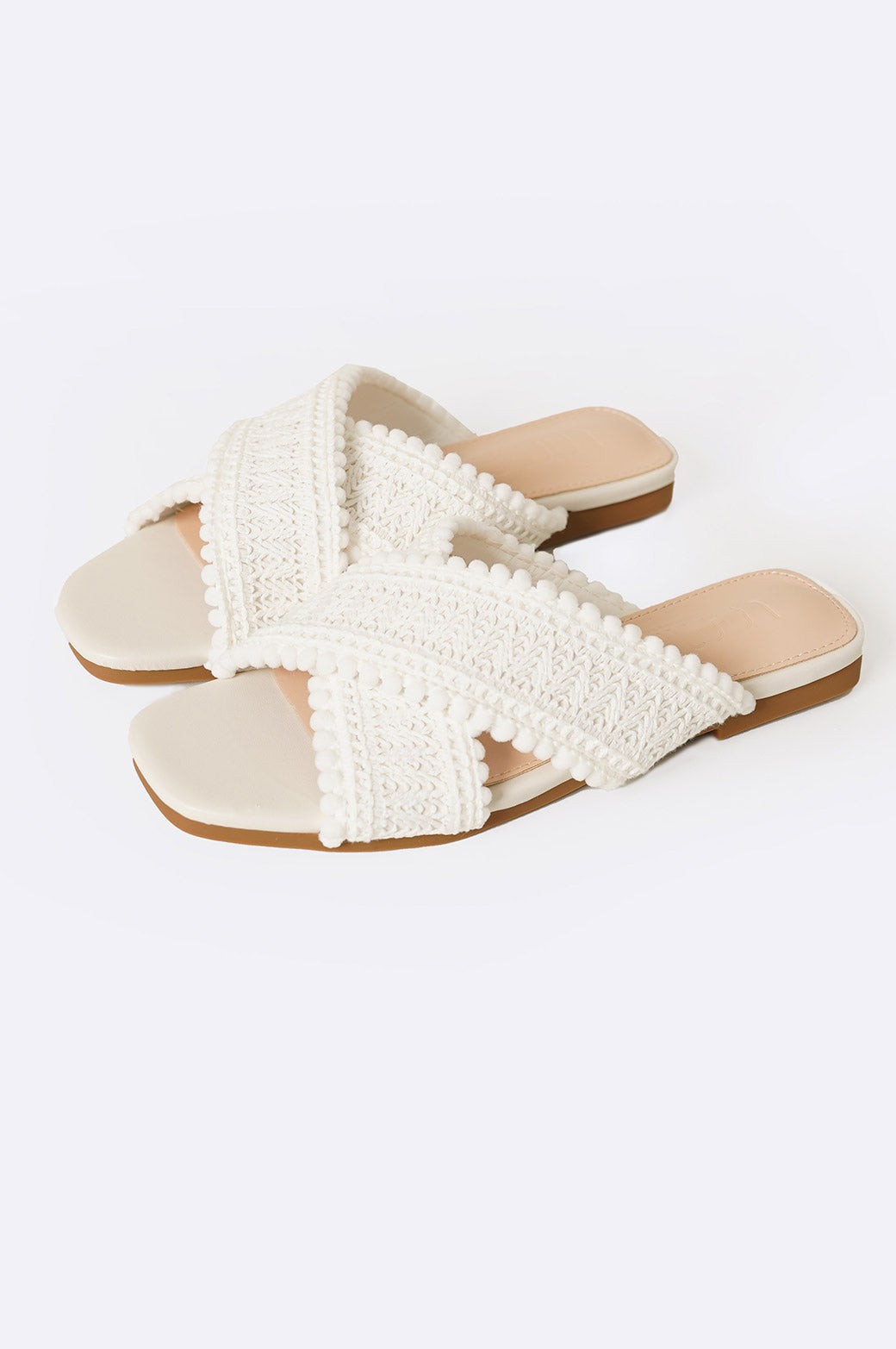 OFF WHITE WOVEN LACE SLIDES