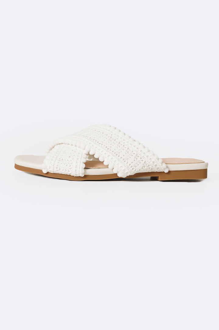 OFF WHITE WOVEN LACE SLIDES