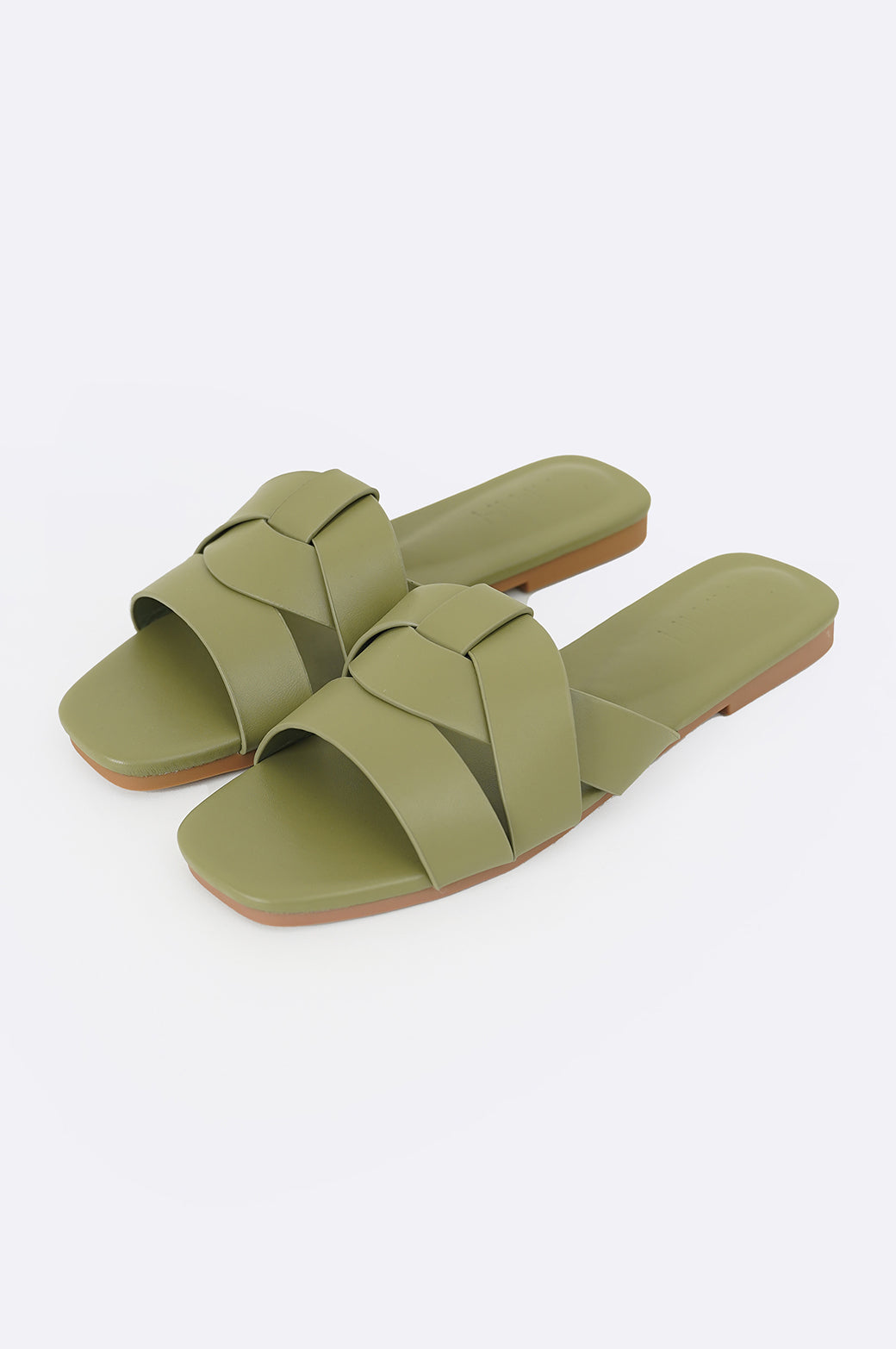 GREEN STRAPPY WOVEN SLIDES