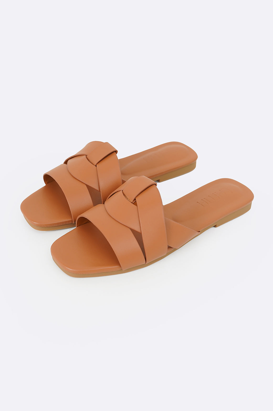TAN STRAPPY WOVEN SLIDES