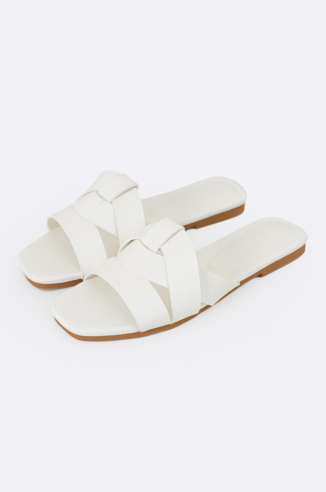 WHITE STRAPPY WOVEN SLIDES