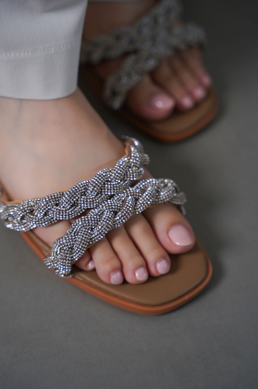 TAUPE BRAIDED CRYSTAL SLIDE