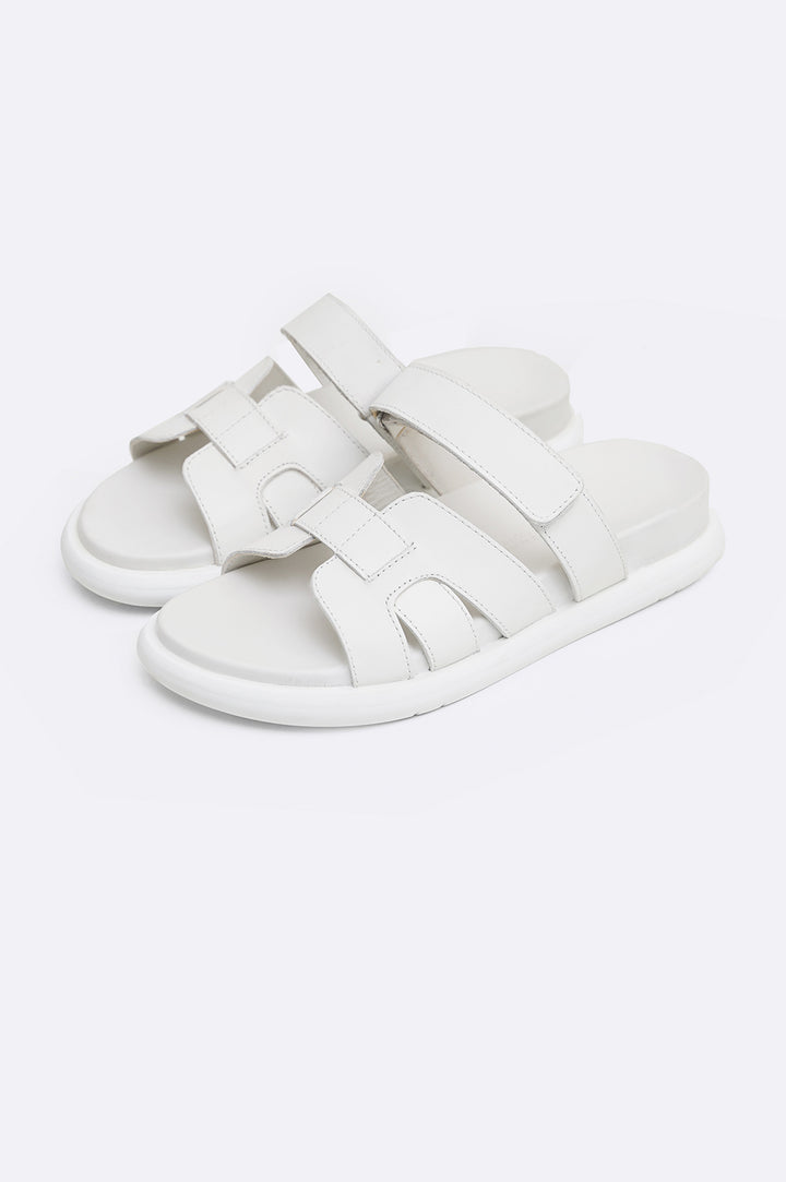 WHITE IZZY LEATHER SLIDES