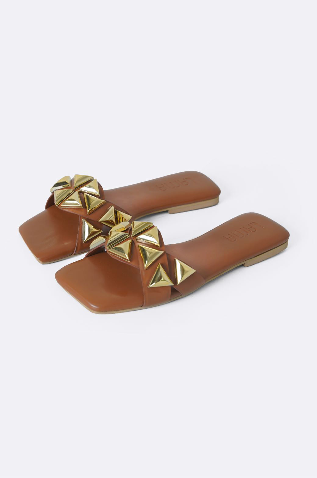 TAN GOLD STUD SLIDES