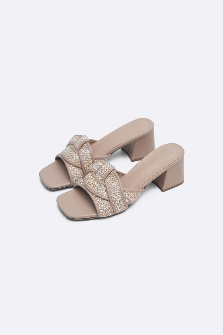 BEIGE WEAVE BLOCK HEELS