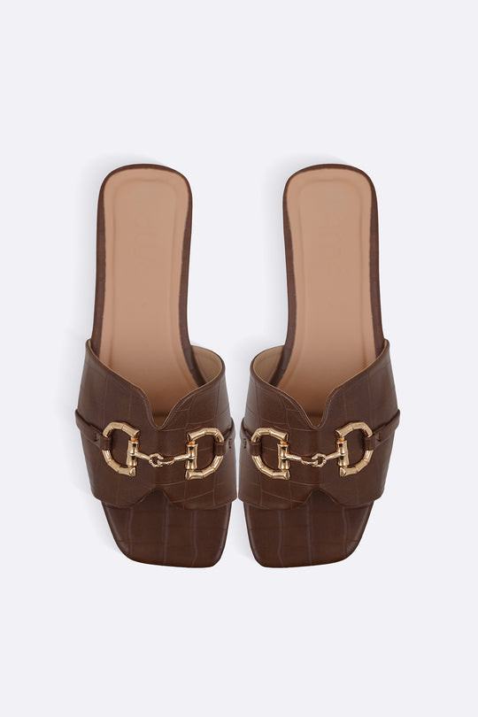 DARK BROWN CITY BUCKLE SLIDES