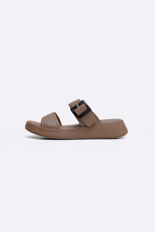 TAUPE BUCKLE MAMA SLIDES