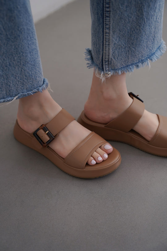TAUPE BUCKLE MAMA SLIDES