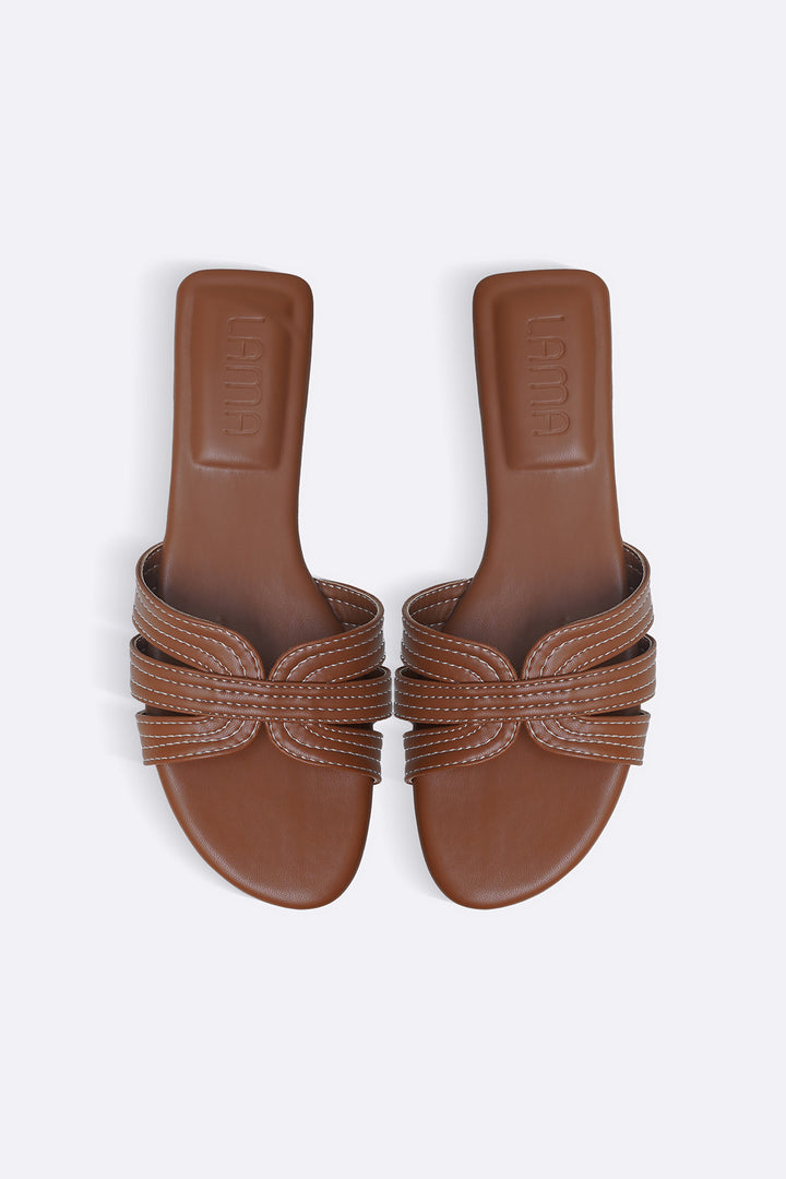 TAN STRAPPY STITCH SLIDES