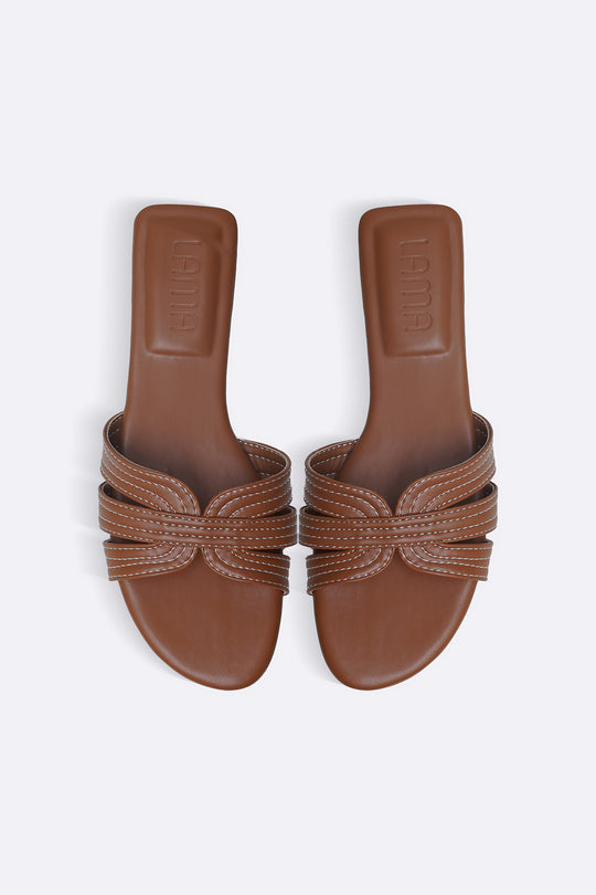 TAN STRAPPY STITCH SLIDES