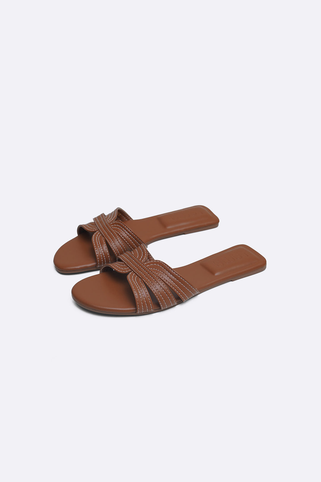 TAN STRAPPY STITCH SLIDES