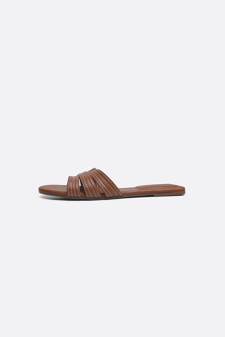 TAN STRAPPY STITCH SLIDES