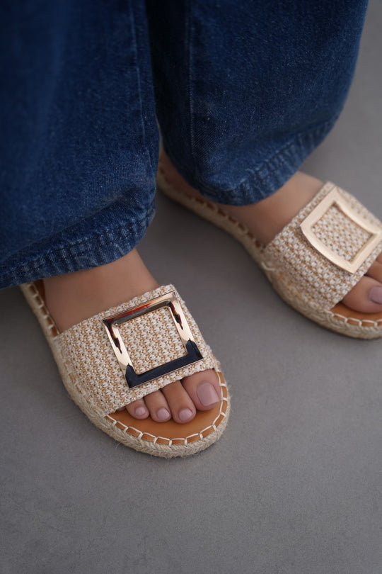 BEIGE ROMA BUCKLE SLIDES