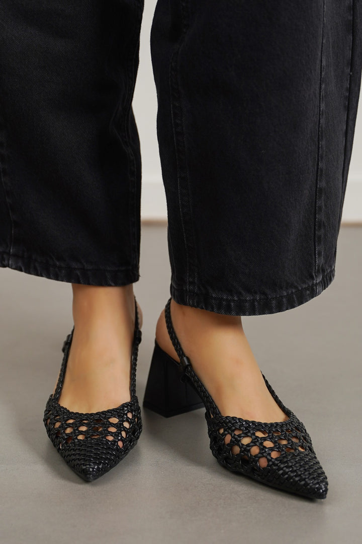 BLACK WOVEN PARTY HEELS