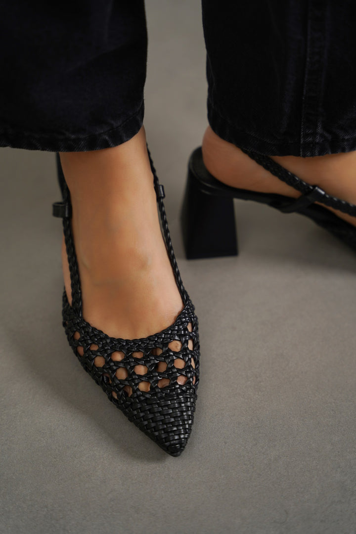 BLACK WOVEN PARTY HEELS