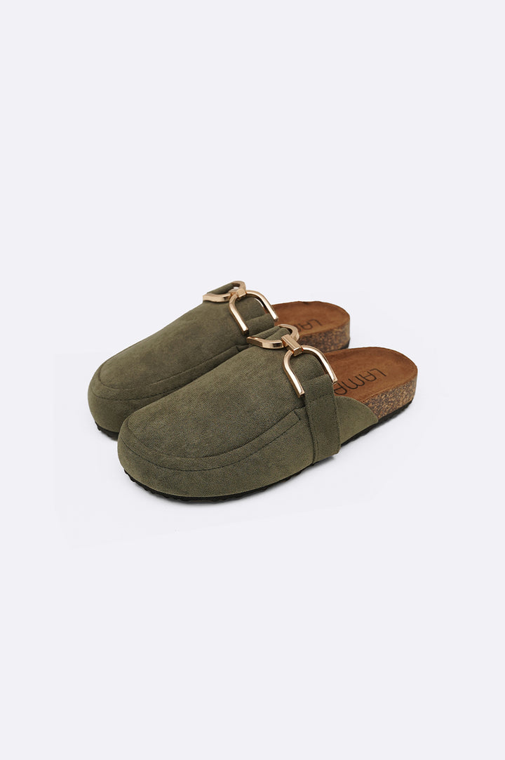 DARK GREEN FAUX SUEDE CLOGS