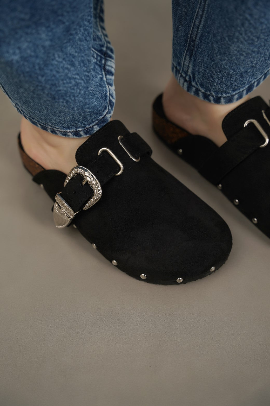 BLACK BUCKLED SUEDE CLOGS