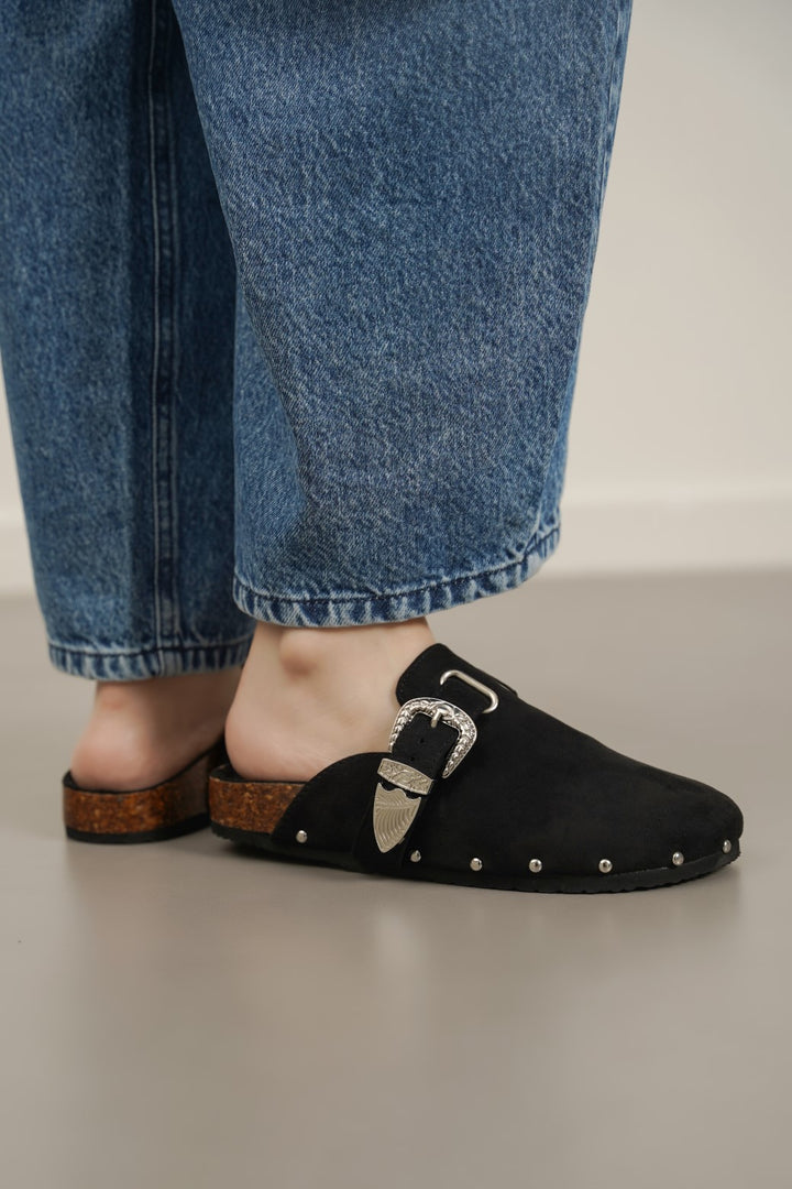 BLACK BUCKLED SUEDE CLOGS