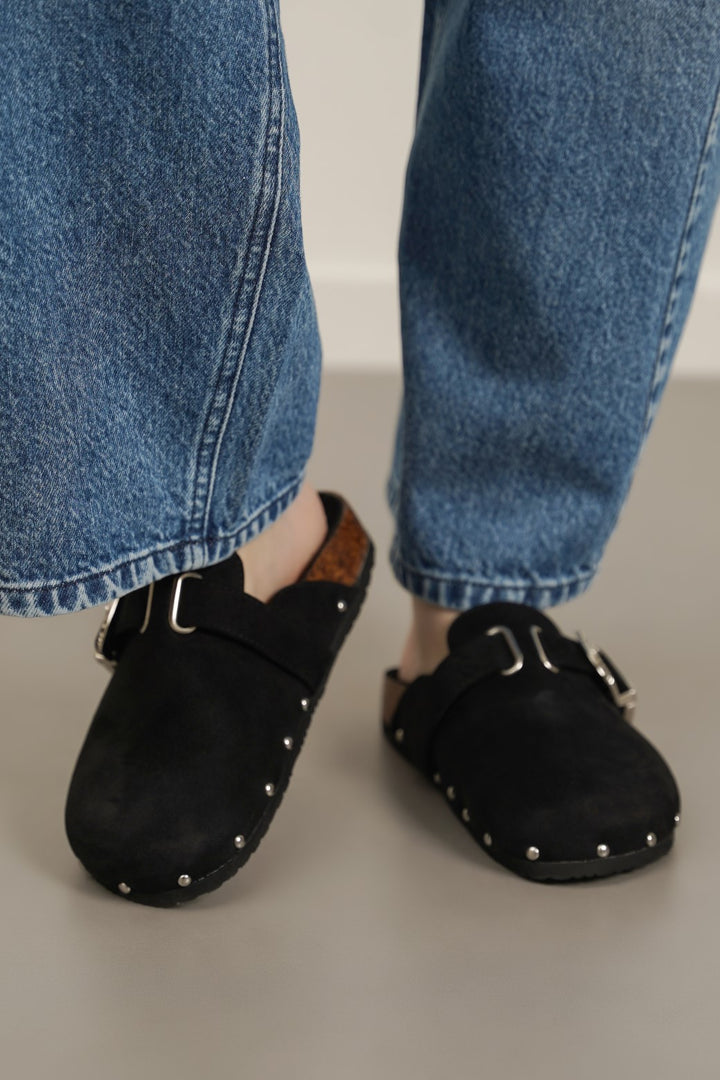 BLACK BUCKLED SUEDE CLOGS