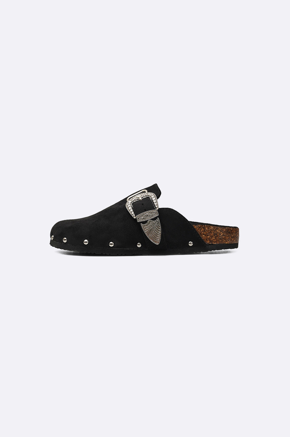 BLACK BUCKLED SUEDE CLOGS