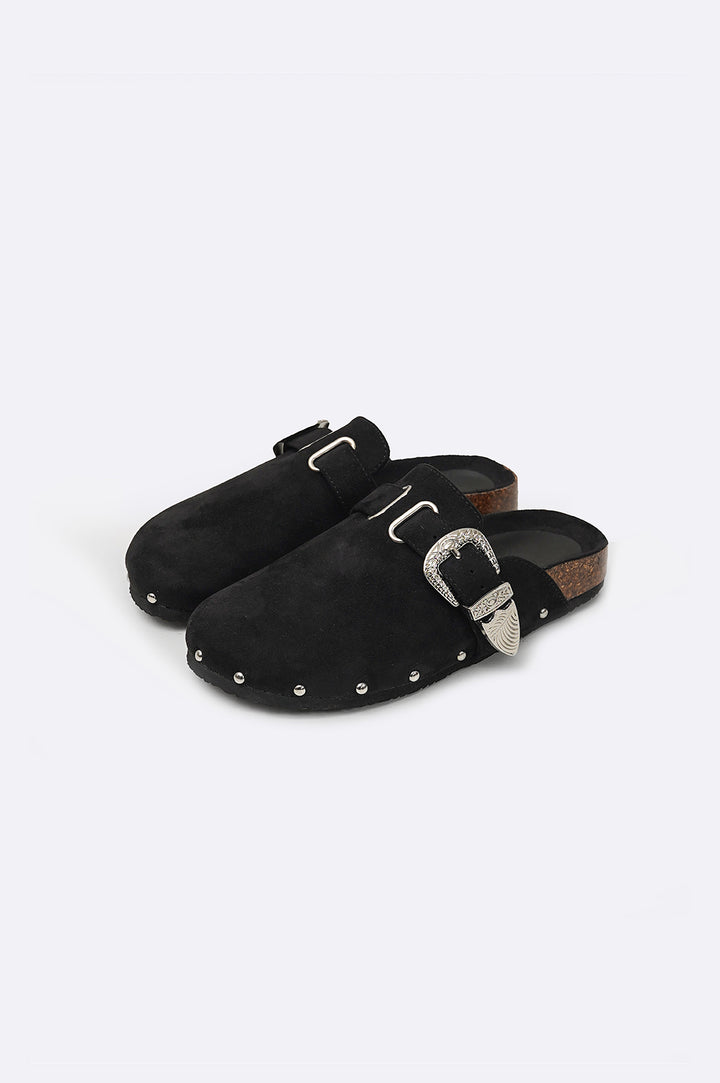 BLACK BUCKLED SUEDE CLOGS