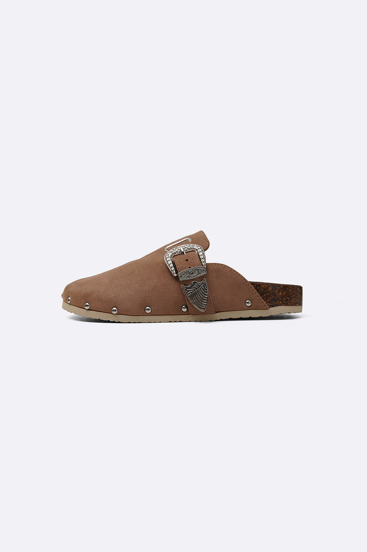 BROWN BUCKLED SUEDE CLOGS