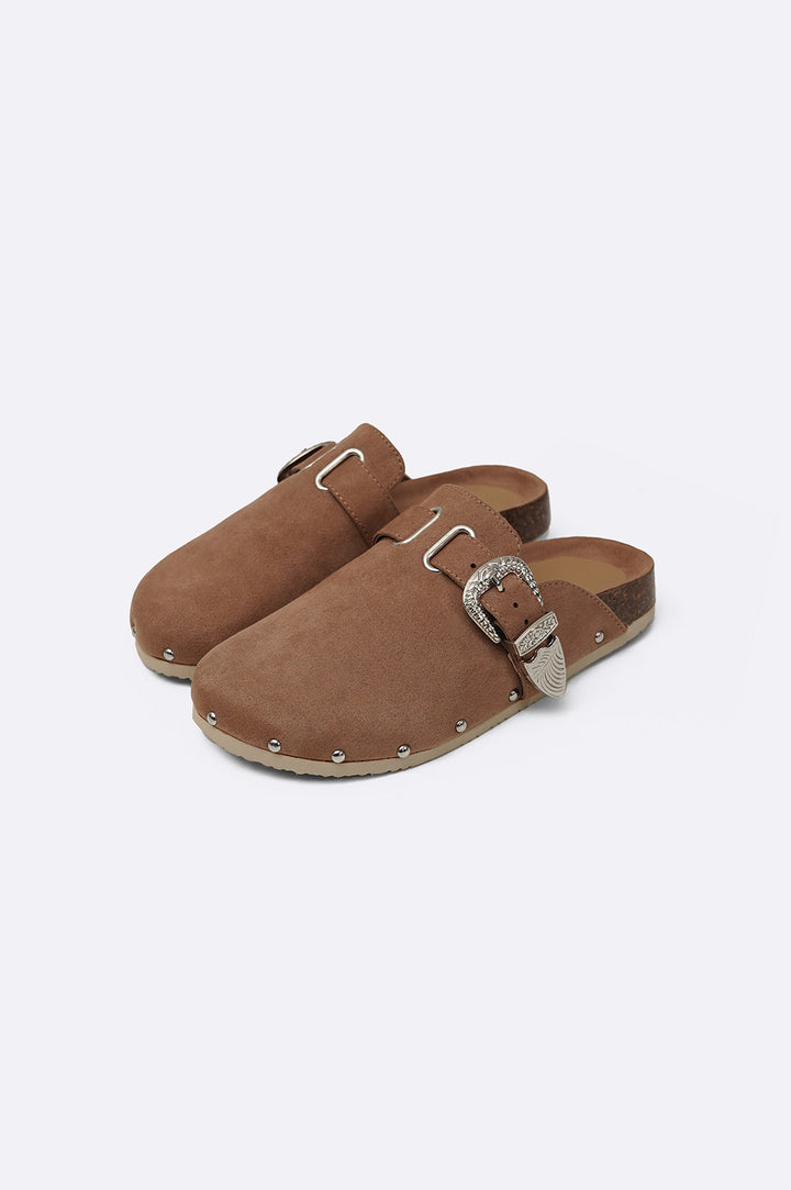 BROWN BUCKLED SUEDE CLOGS