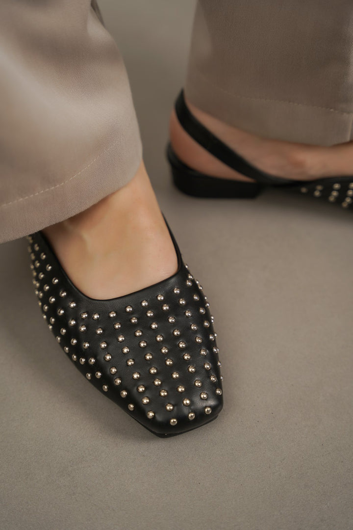 BLACK STUDDED SLINGBACK FLATS