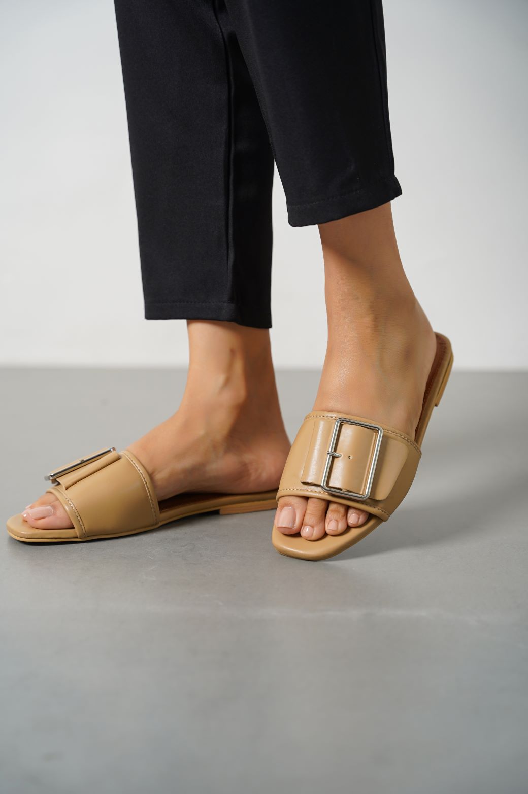 TAN EMILE BUCKLE SLIDES