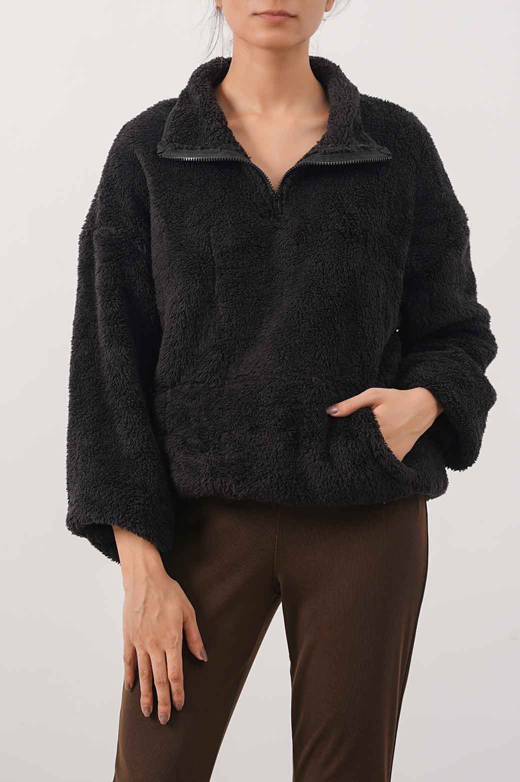 BLACK MOCK NECK FUR JACKET