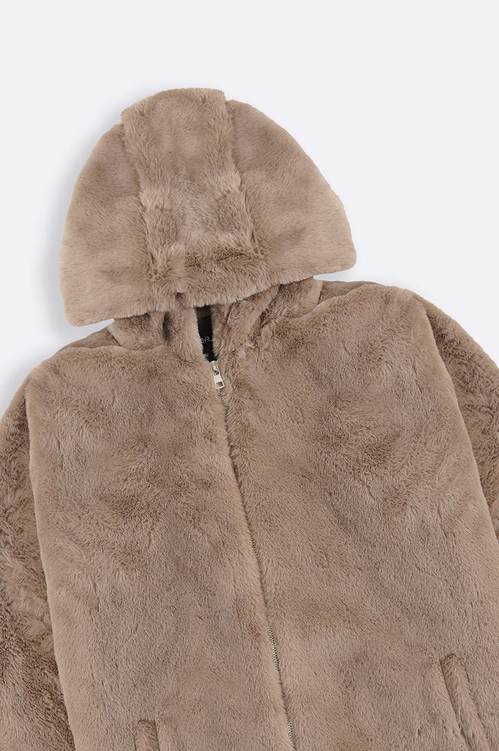 KHAKI LONG FUR JACKET