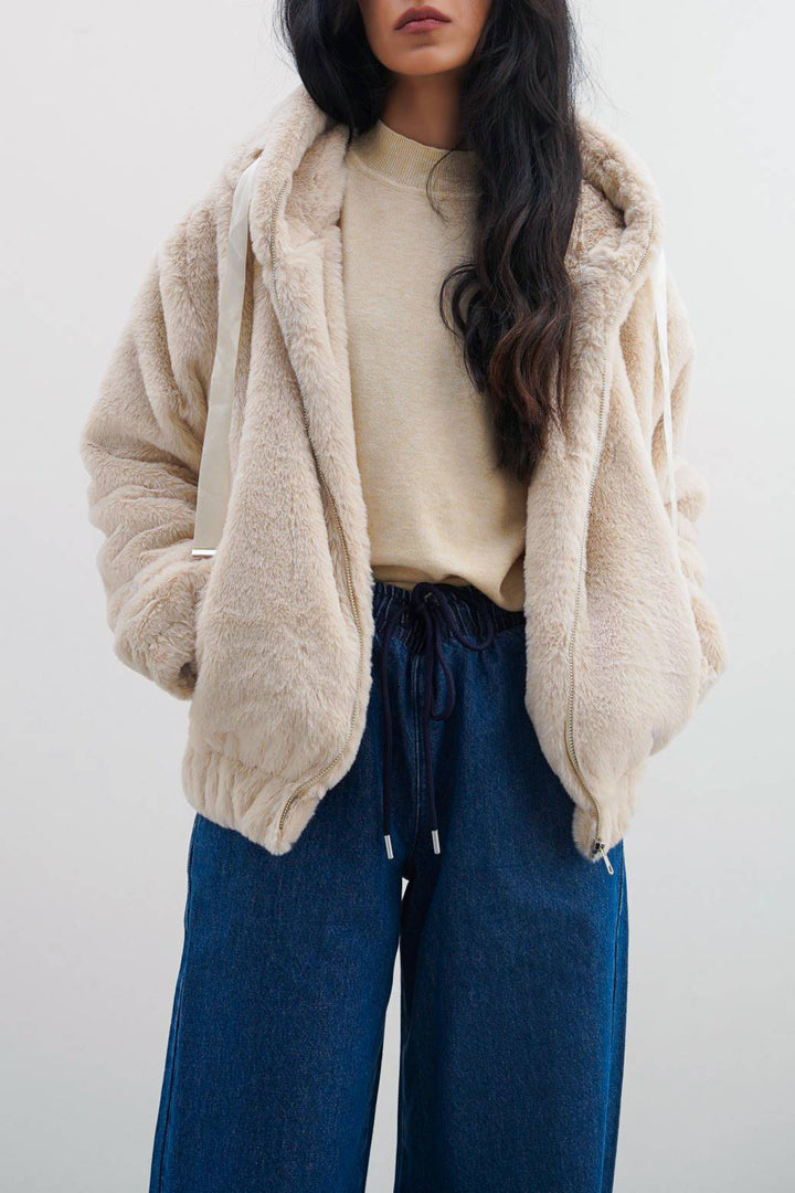 BEIGE SHORT FUR HOODIE