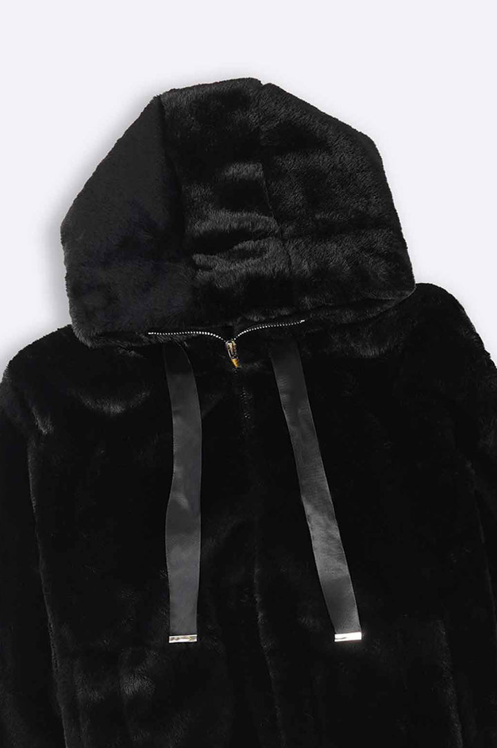 BLACK SHORT FUR HOODIE